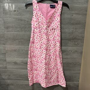 Basic Editions Dress Pink Floral Daisy Dress Size 6‎ Linen Zip Back Tie Waist